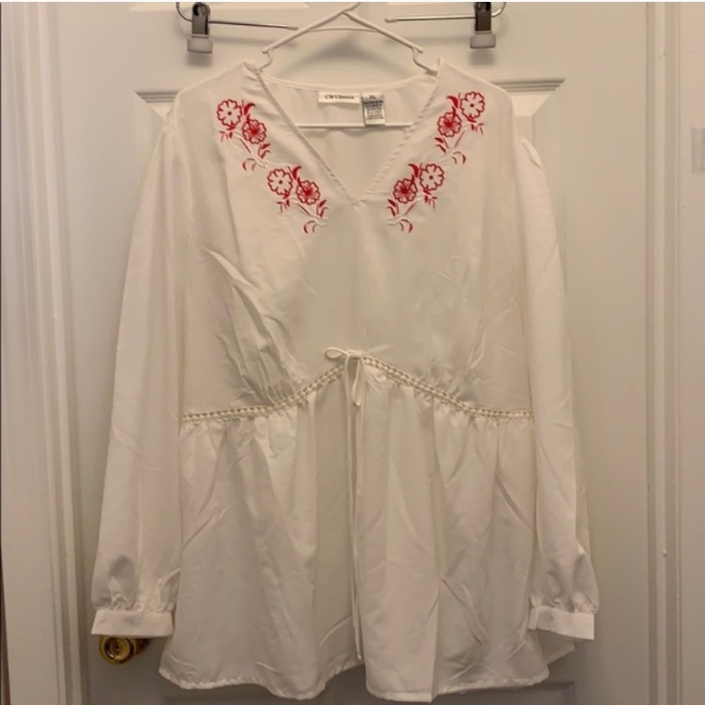 White Tunic Top with Red Floral Embroidery